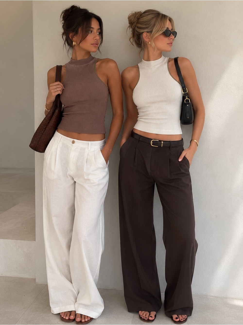 White & Brown Sleeveless Tanks